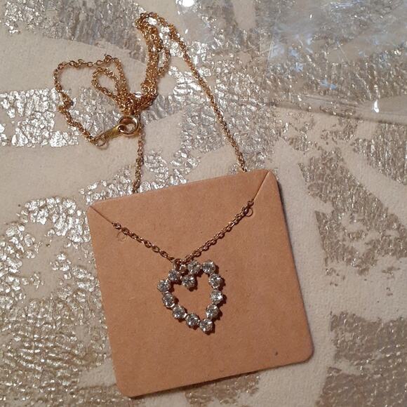 Necklace Gold Plated Chain w Heart Pendent Simulated Diamonds 10" hang length - Picture 9 of 13